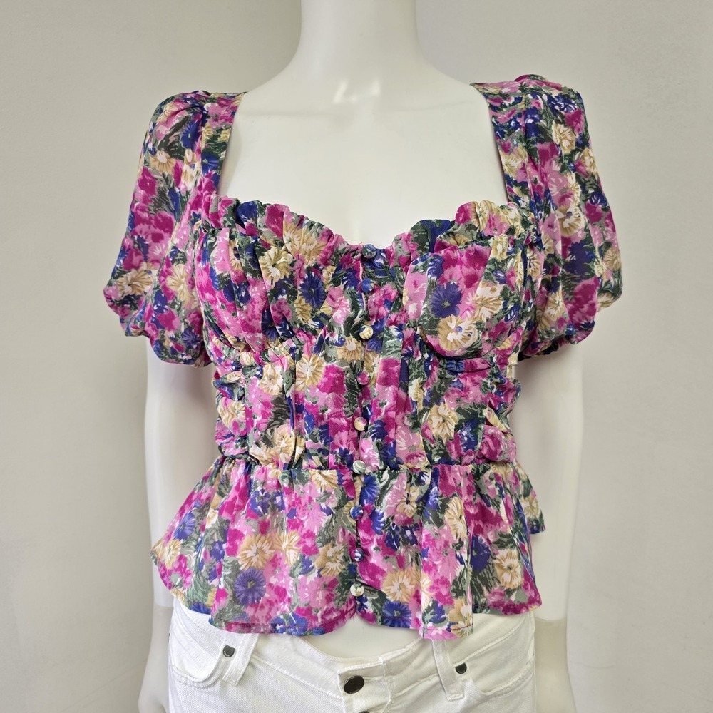 ASTR Nayeli Top Size M Floral Milkmaid Corset Peplum Sweetheart Puff Sleeve Boho